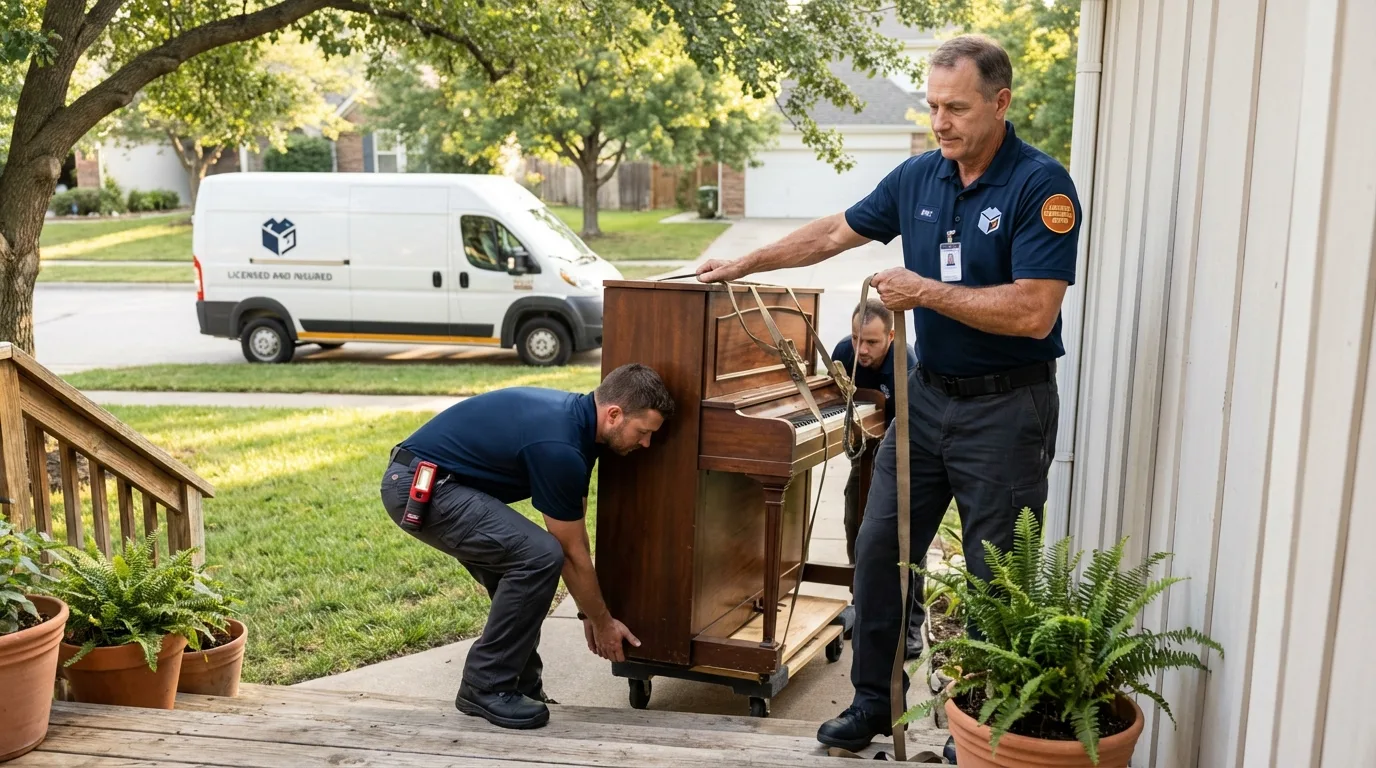 Licensed piano movers securing grand piano in Glidden, IA