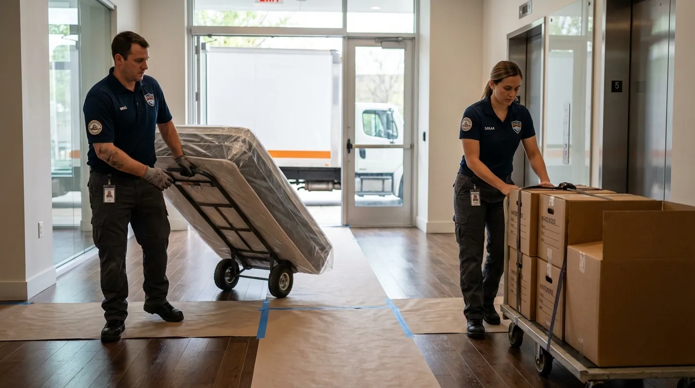 Professional apartment movers loading elevator in Glidden, IA