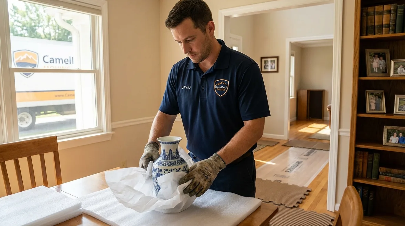 Professional crew carefully wrapping antique vase for senior downsizing move in Glidden, IA